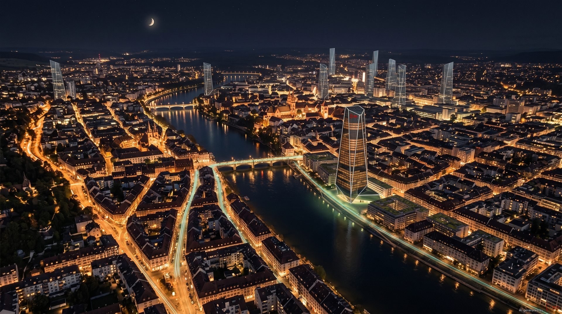 Basel bei Nacht von oben, der Rhein im Rheinknie, KI-generiert