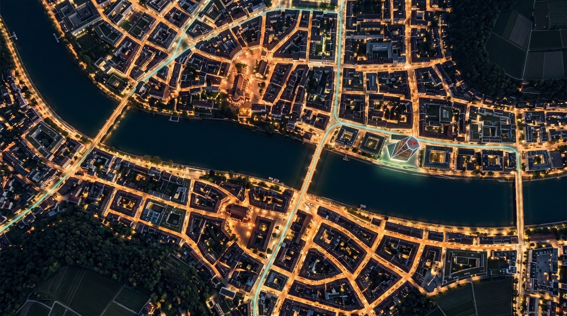 Basel 2050 bei Nacht, senkrecht von oben, mit dem Rheinknie, KI-generiert